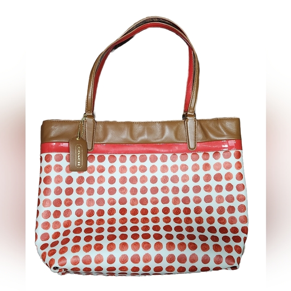 Coach Leather white red dot Shoulder Tote Bag - Picture 1 of 10